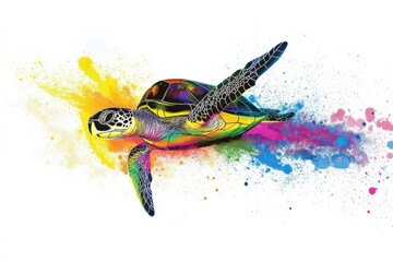 Illustration of marine animals like turtles diving through water, in bright, vibrant colors, on a white background