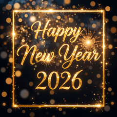 Happy New Year Celebration Text with Festive Gold Fireworks Collage Bottle of champagne with gold glitter 