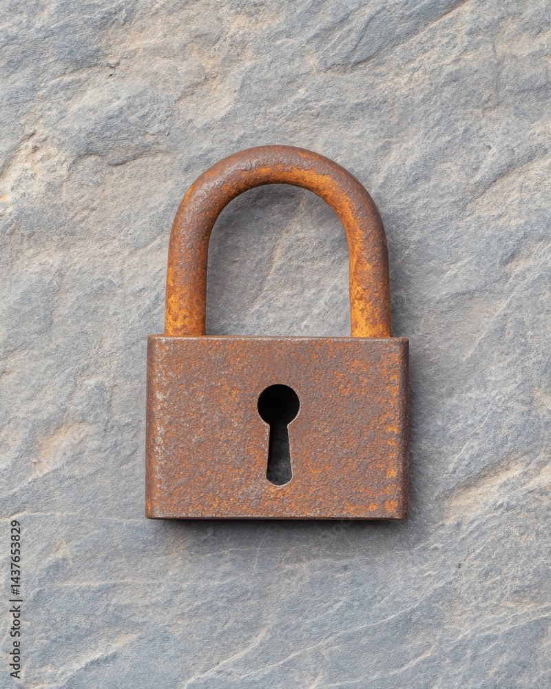 Poster old, slightly rusted padlock isolated on textured stone-gray background, high-resolution capture wit