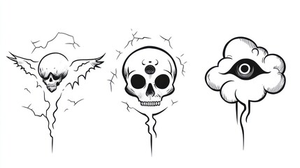 Three mystical skull and eye designs; fantasy art, tattoo ideas
