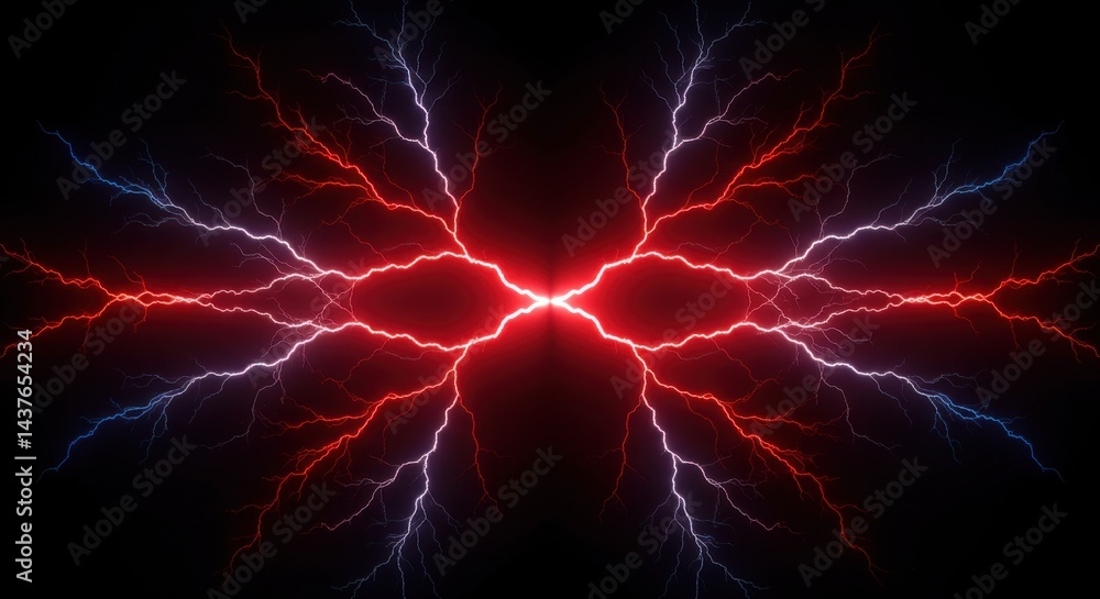 Poster red and blue lightning bolts emanating from a central point on a black background symmetrically