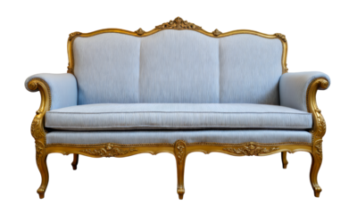 Ornate Gold Trim Sofa, Blue Striped Fabric, transparent background.