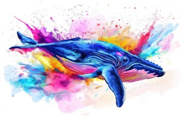 Illustration of a lone whale in vibrant, hypnotic, bright colours, diving in water, isolated on a white background