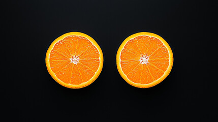 Fototapeta premium Orange Halves: Two vibrant orange halves against a dark background, creating a stark contrast that highlights the fruit's vivid color and juicy texture.