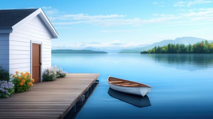 Obraz premium Peaceful riverside cottage with a wooden dock, small boat, flowering plants, calm water reflections