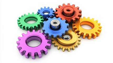 Colorful Gears and Cogs Interlocking in Creative Arrangement on White Background