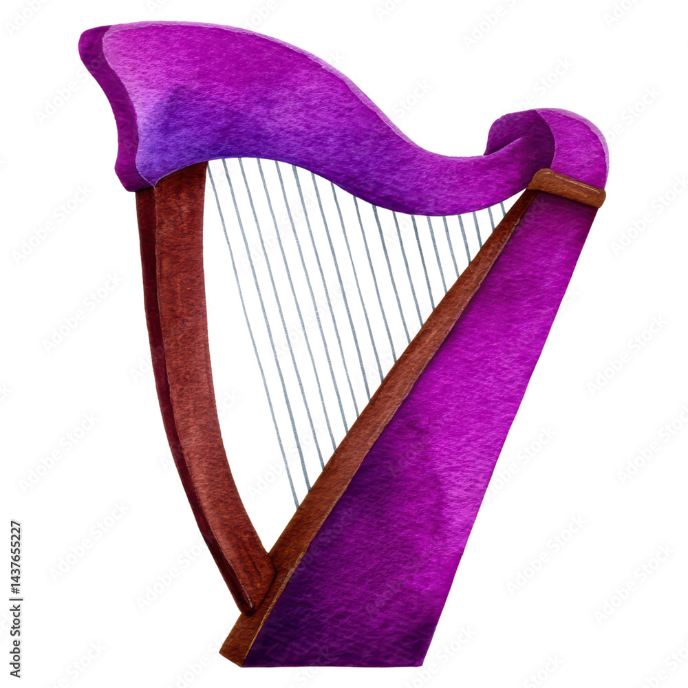 Poster colorful artistic harp with unique design and textured surface, isolated on transparent background.
