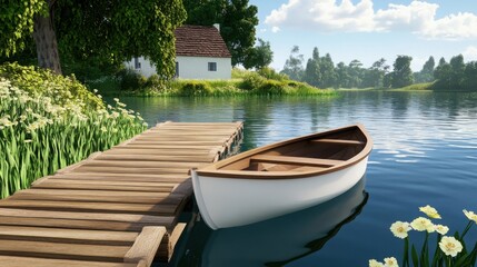 Peaceful riverside cottage with a wooden dock, small boat, flowering plants, calm water reflections
