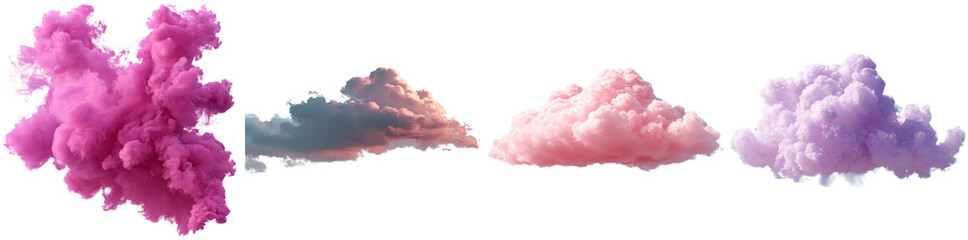 Fototapeta premium Four isolated clouds in vibrant hues of pink, purple, and gray float seamlessly, highlighting the ethereal and whimsical aspects of nature's sky elements