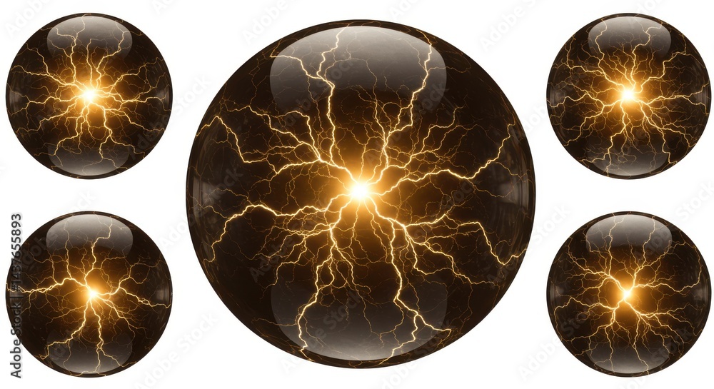 Poster five glowing orbs with lightning emanating from the center on a white background in a pattern
