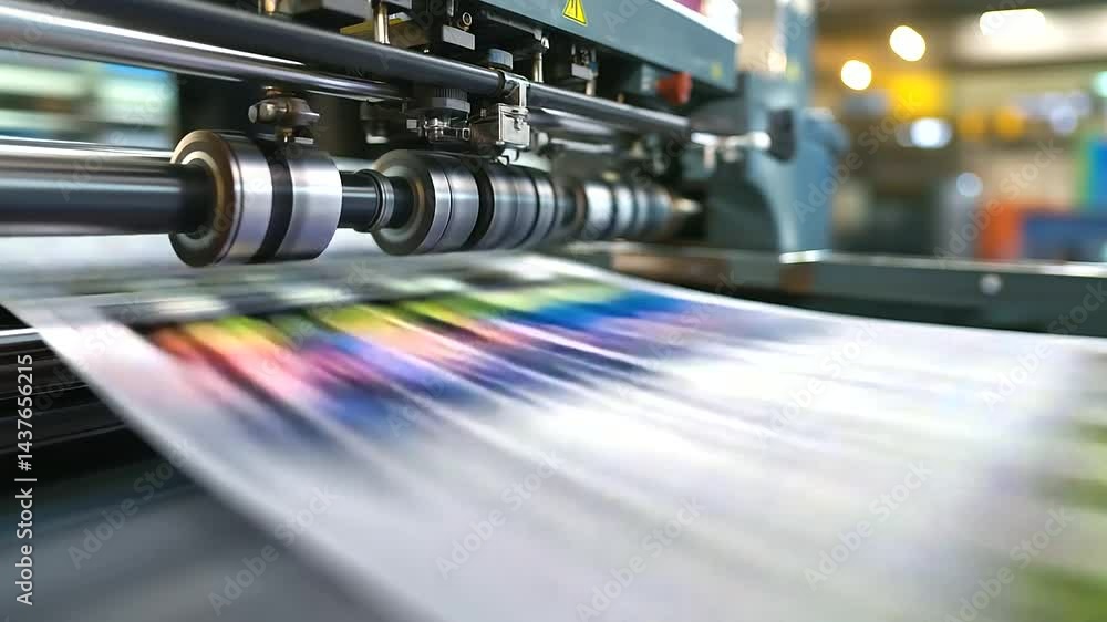 Poster a high-speed offset printing press, creating sharp and vibrant magazine pages.