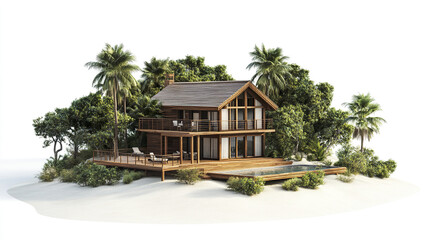 Fototapeta premium beautiful vacation home surrounded by lush greenery and palm trees, perfect for relaxation