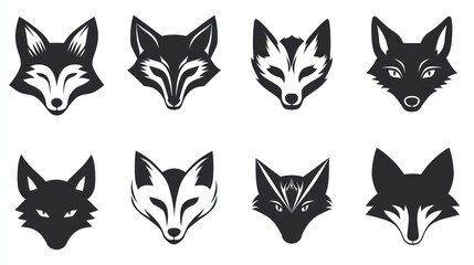 Eight fox head silhouettes, wildlife design, white background, logo use