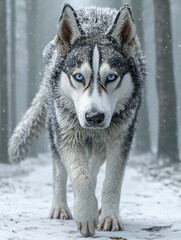 Naklejka premium Intense Gaze of a Snow-Covered Husky Walking Through a Winter Forest