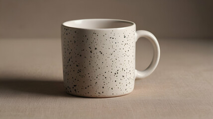 Speckled ceramic mug on wooden table mockup