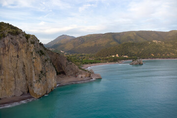 Obraz premium Drone view of Mingardo beach, Arco naturale, Cilento naional park