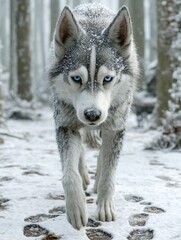 Naklejka premium Focused Husky Leaving Tracks in the Snowy Forest with Intense Blue Eyes