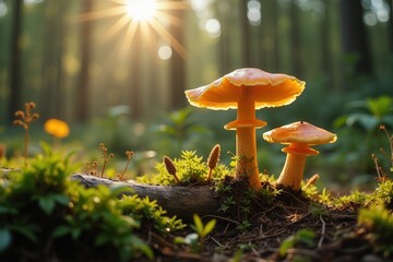 Fototapeta premium Mushrooms in sunlight golden hour