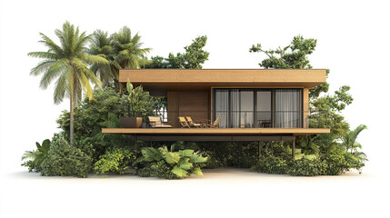 Fototapeta premium modern vacation home surrounded by lush greenery and tropical plants, offering serene escape
