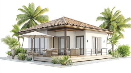 Fototapeta premium beautiful vacation home surrounded by palm trees and greenery, featuring spacious deck