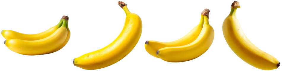 Four ripe yellow bananas are displayed in different shapes on a plain white background, showcasing their natural curves and vibrant color, perfect for culinary use