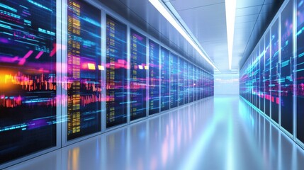 Futuristic Data Center Corridor with Bright Lights and Colorful Digital Displays
