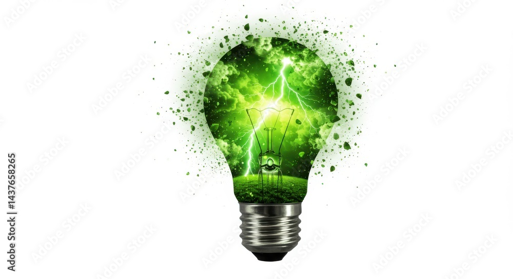 Poster lightbulb with green energy and lightning inside on a white background with green particles