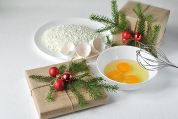 Flour and eggs for making Christmas pastries.