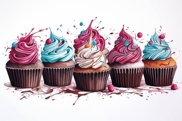 An illustration representing multiple cupcakes, all illustrated in colourful and vibrant colours on a white background 