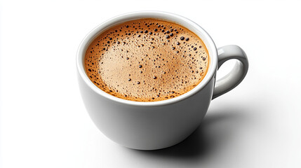 A white ceramic coffee cup filled with espresso, topped with crema.