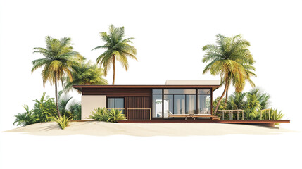 Fototapeta premium modern vacation home surrounded by tropical palm trees and lush greenery, exuding relaxation