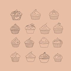 seamless pattern with cupcakes. Seamless background of cupcakes. Cupcake Icon set. Cake icon collection. Cupcake Flat Design Dessert Icon. Cupcake Vector Doodles Set. cupcake in doodle style. 
