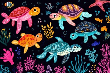 Illustration of marine animals like turtles diving through water, in bright, vibrant , neon colors, on a black background