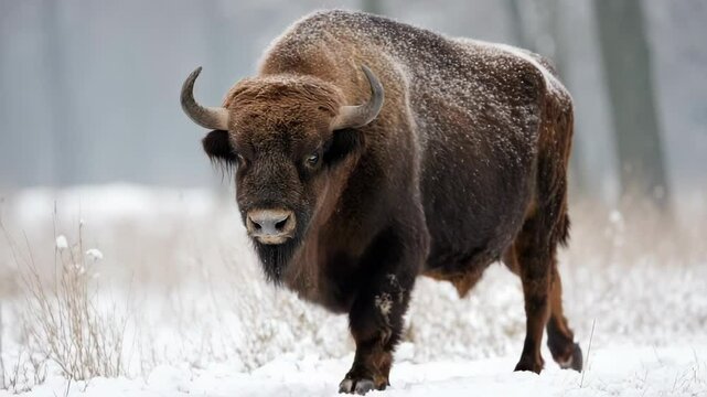 Solitary brown bison stands powerfully in a snowy field, its thick fur dusted with snow, with a blurred backdrop of trees.