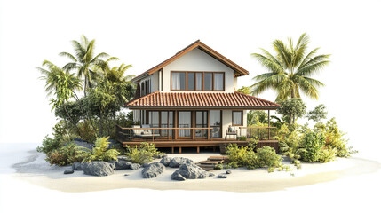 Fototapeta premium beautiful vacation home surrounded by lush greenery and palm trees, perfect for relaxation