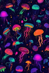 A scene of hypnotic jellyfishes in electric, neon, bright colours on a black background