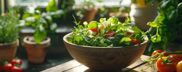 A bowl of salad is on a wooden table with a window behind it