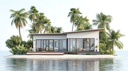 modern vacation home surrounded by palm trees on serene island, perfect for relaxation