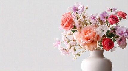 Fresh Flowers Blooming in Elegant Ceramic Vase on Minimalist Background