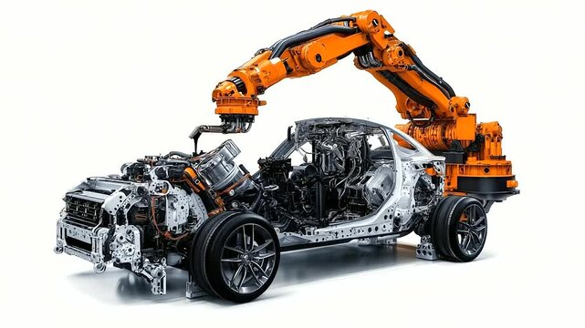 A modern automotive engine assembly line robotic arm, isolated against a white background, assembling car engines.
