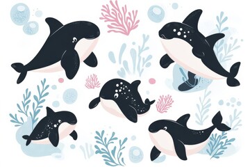Cute and soft pattern illustration of marine animals, whales,  in there environment , isolated on white background