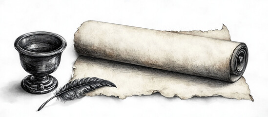 Antique scroll and goblet with quill.