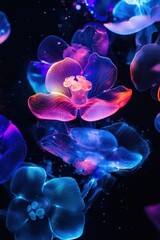 A scene of hypnotic bloomed flowers in electric, neon, bright colours on a black background
