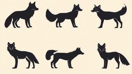 Obraz premium Six fox silhouettes, various poses, wildlife illustration, beige background, nature graphic