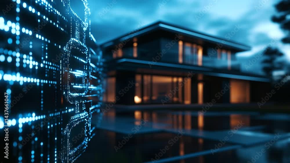 Poster a modern house with sleek architecture, enclosed by a glowing digital chain made of blockchain links