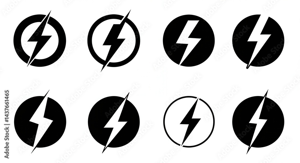 Poster eight black and white lightning bolt icons in circles on a white background in a vector format