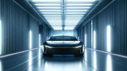 A modern wind tunnel testing machine, simulating aerodynamic forces on a futuristic car model.