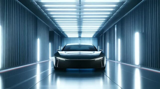 A modern wind tunnel testing machine, simulating aerodynamic forces on a futuristic car model.