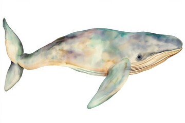 Illustration of a lone whale in different colours, diving in water, isolated on a white background 