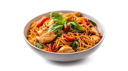 A bowl of noodles with chicken and vegetables